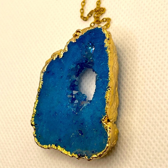 Natural Geode Stone & Crystal Quartz Good Morning Blue & God's Debut Necklace 5c - Picture 6 of 14